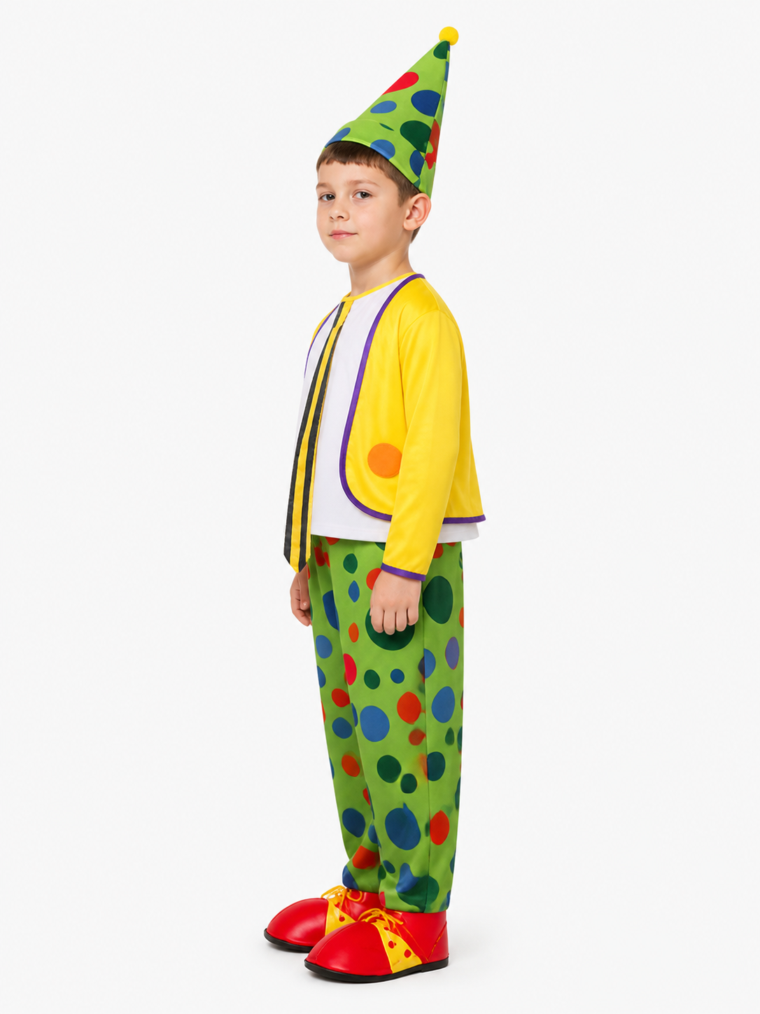 Clown Costume with Hat and Polka-Dot Jumpsuit side view