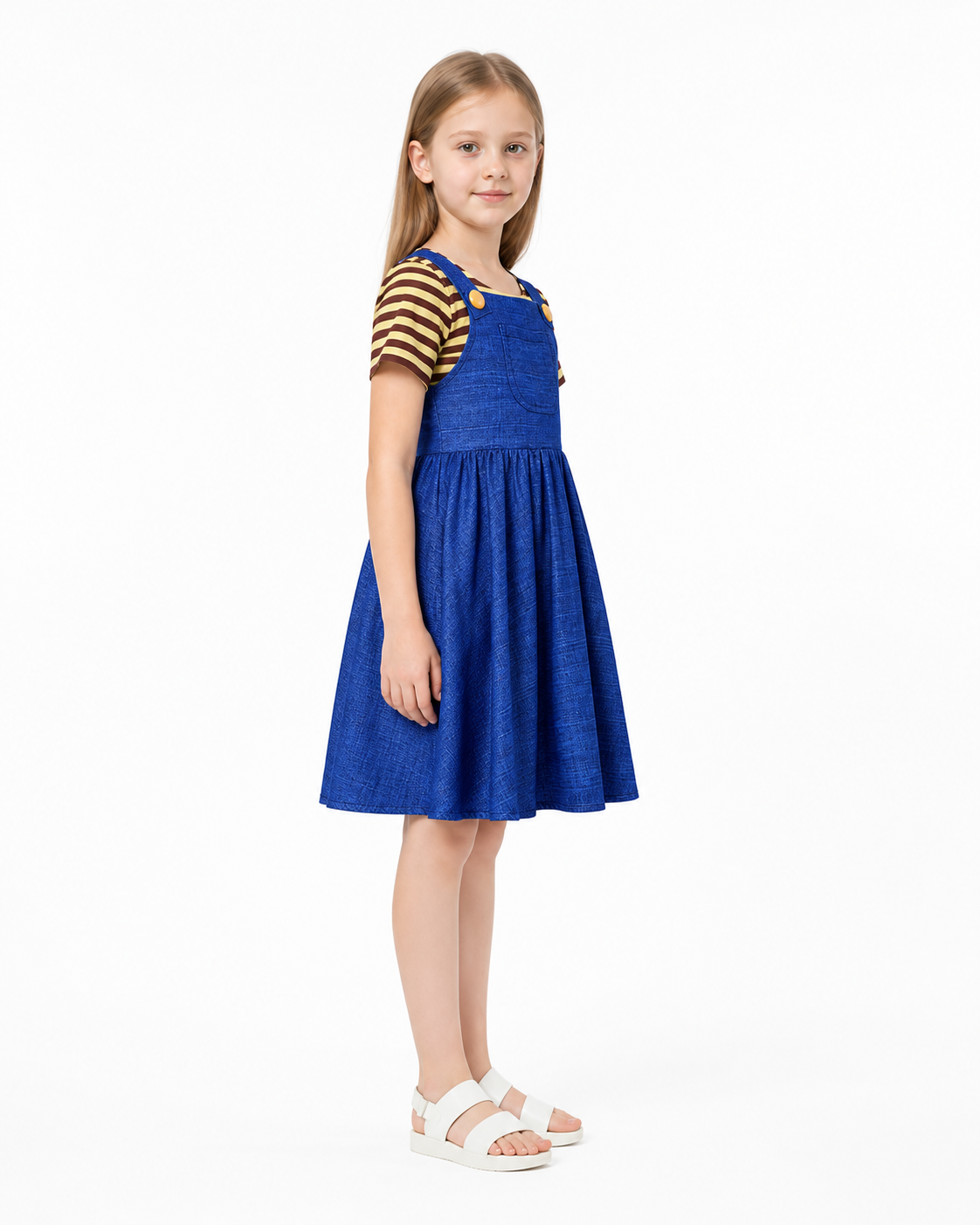 Minion Sundress, Striped Sleeves, Gold Buttons side view