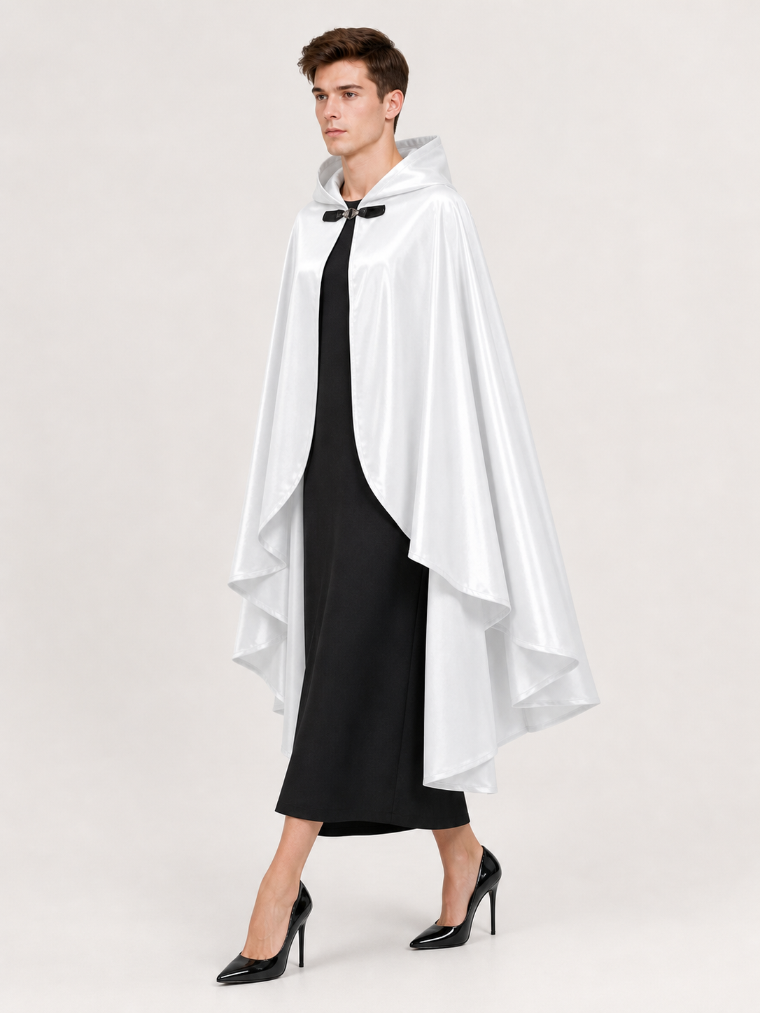 White Hooded Costume Cloak, Flowing Silhouette