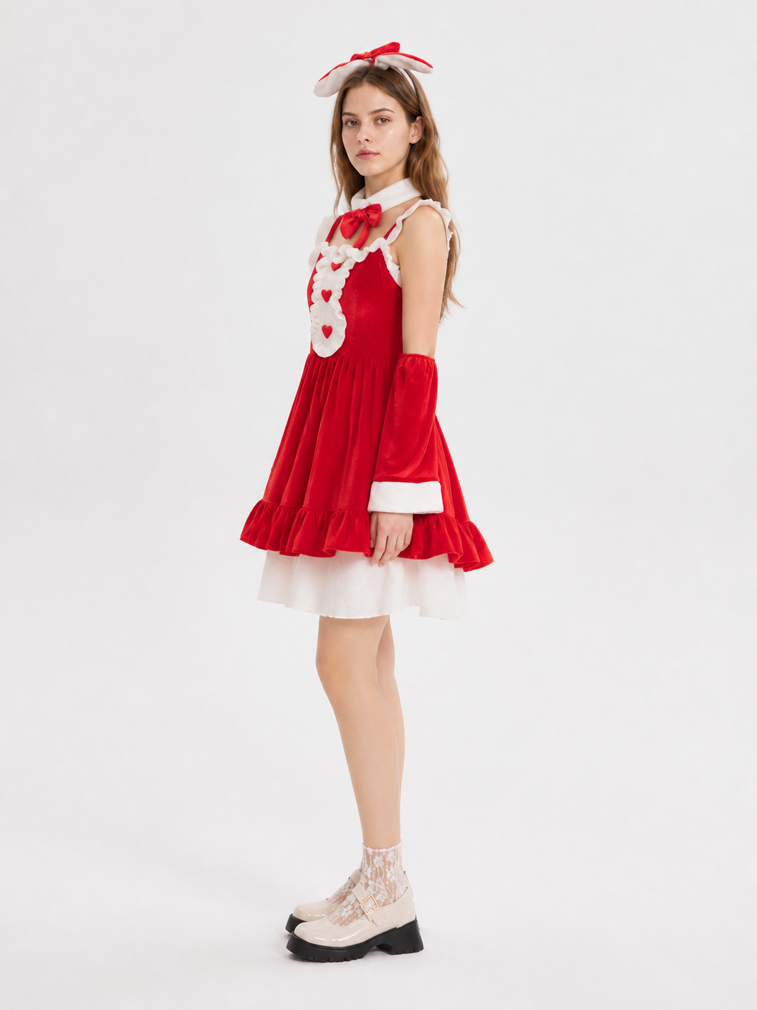 Red Christmas Dress with Bow and Ruffles side view