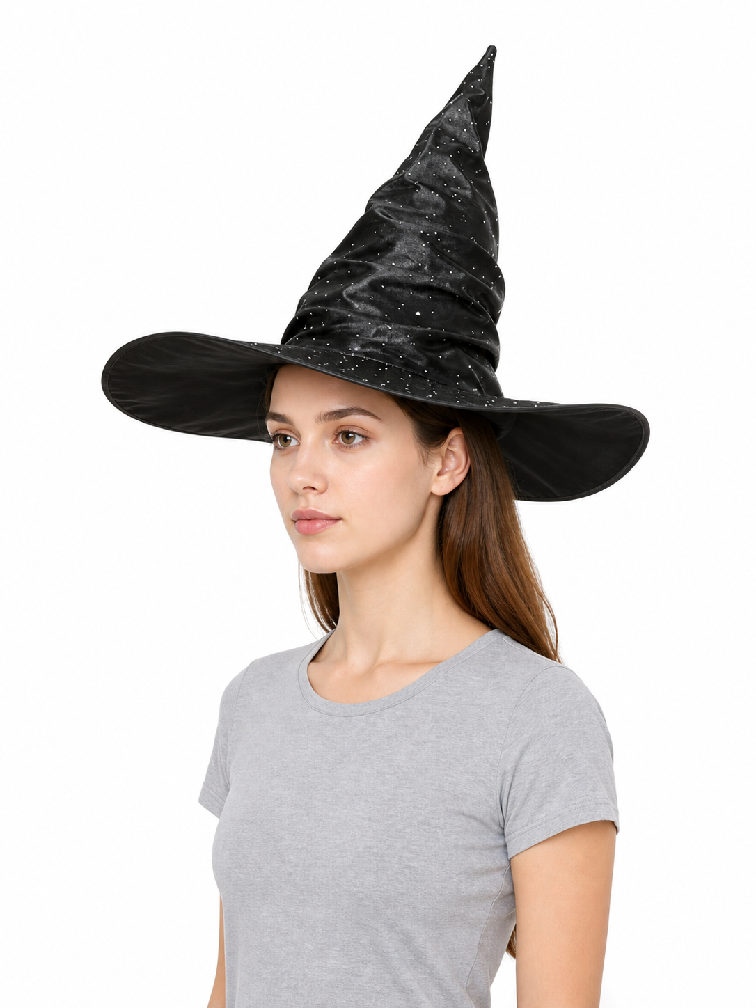 Black Halloween Witch Hat Pointed Wide Brim Ruched Crown With Silver-White Dot Embellishments Costume Accessory