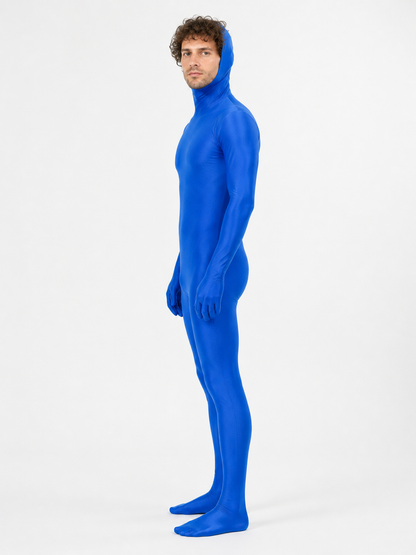 Blue Hooded Zentai Suit with an Open Face side view