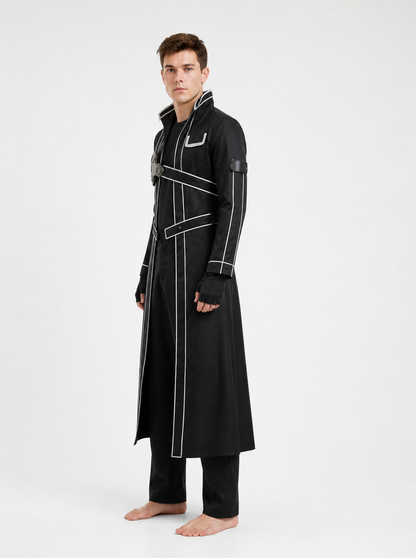 Black Cosplay Costume with White Crisscross Straps side view