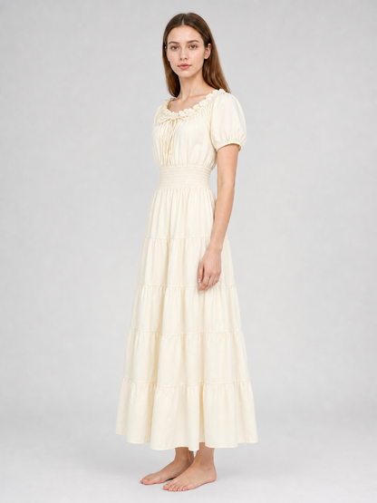Tiered Dress with Puff Sleeves and Gathering