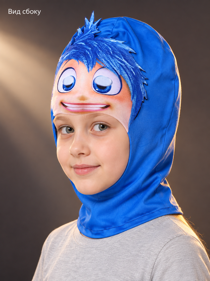 Blue carnival hood headpiece with face print
