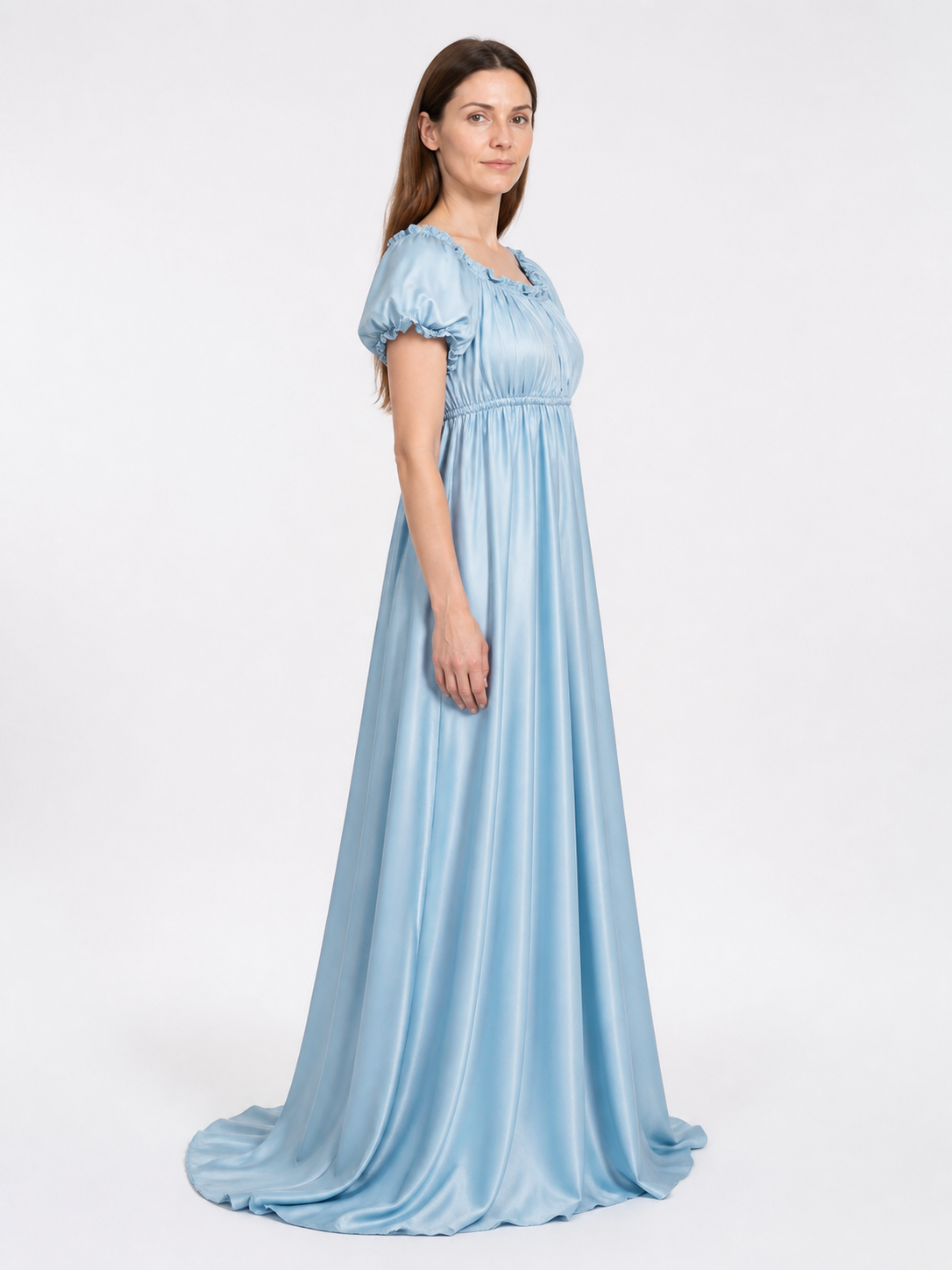 Light Blue Floor-Length Bridgerton Dress with Puff Sleeves side view