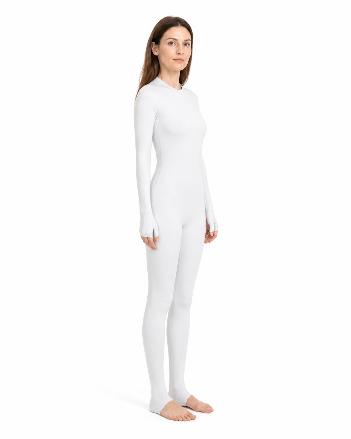 White One-Piece Bodysuit with Hood, Long Sleeves, and Feet side view