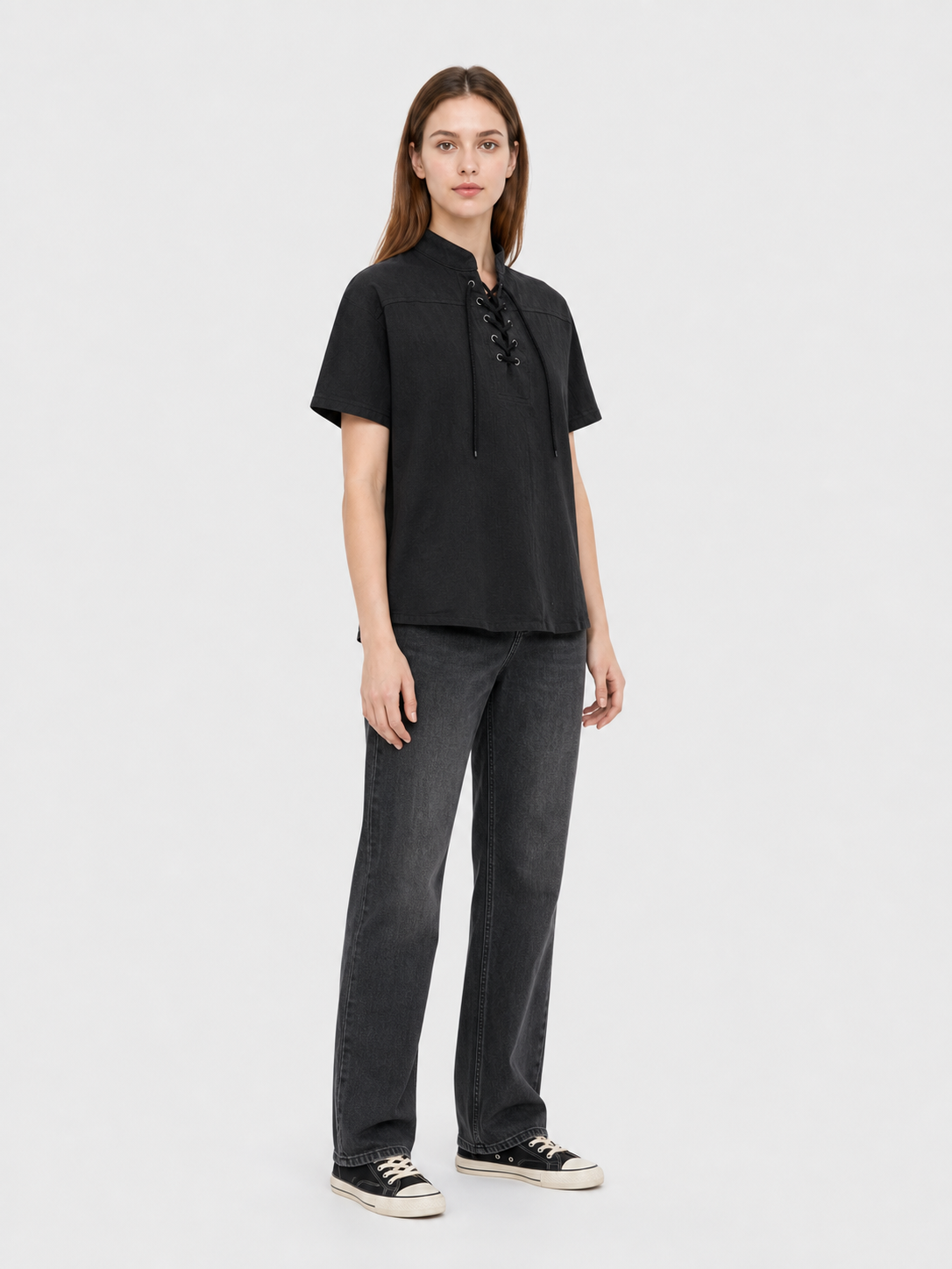 Short-Sleeve Lace-Up Shirt, Black