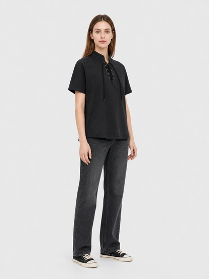Short-Sleeve Lace-Up Shirt, Black