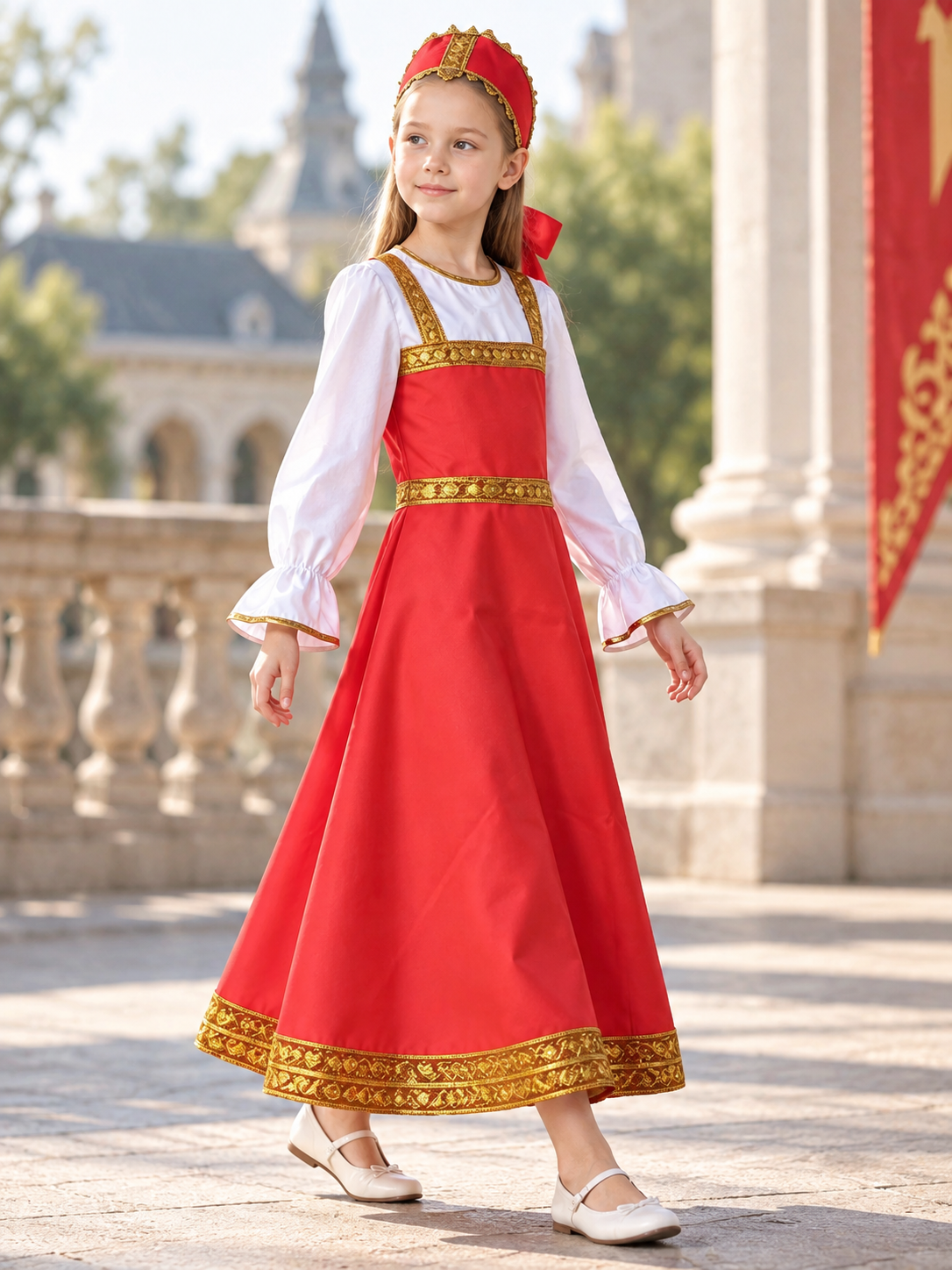 Long Red Dress with Gold-Tone Trim side view