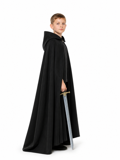 Adult Black Long Hooded Cloak with a Wide Hem