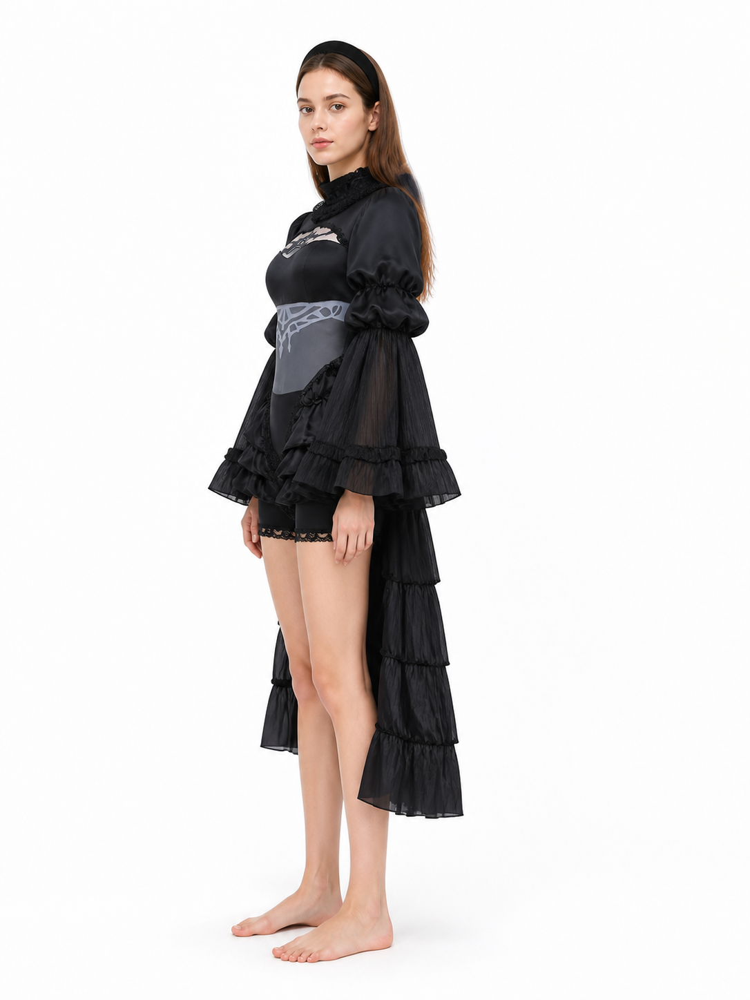 Black Cosplay Dress with Collar and Ruffles side view