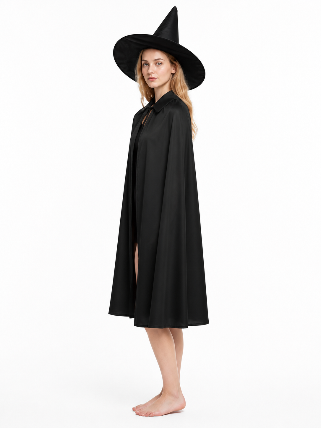Black Witch Costume with Cape and Pointed Hat side view