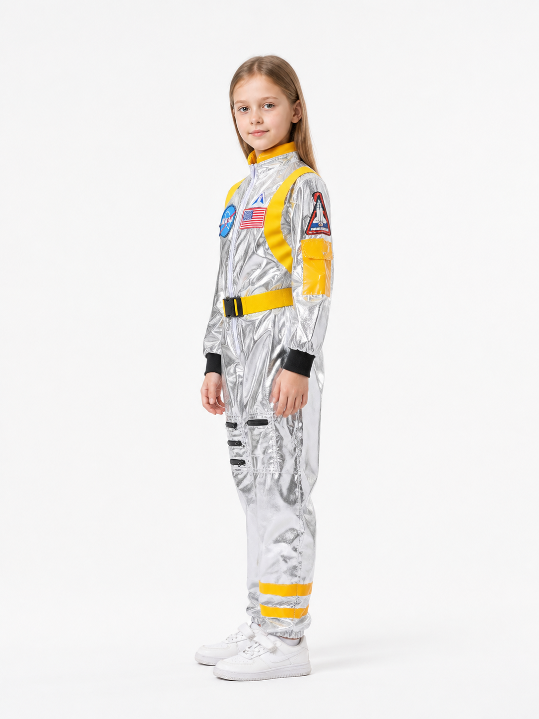 Silver Carnival Astronaut Jumpsuit with Emblems side view