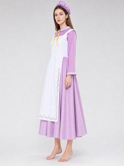 Purple dress costume with apron and bonnet