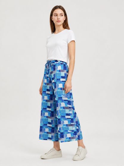 Blue and White Palazzo Pants with Geometric Print side view