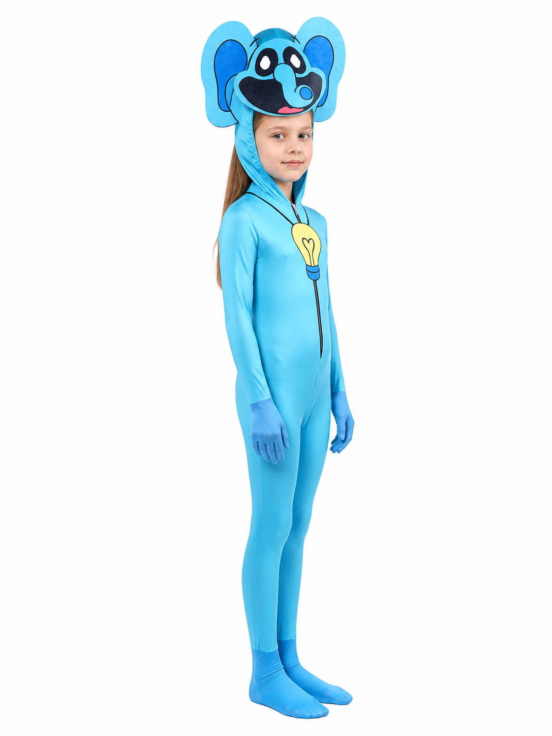 Blue Beast Costume from Poppy Playtime with Ears and a Light Bulb side view