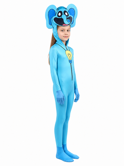 Blue Beast Costume from Poppy Playtime with Ears and a Light Bulb side view