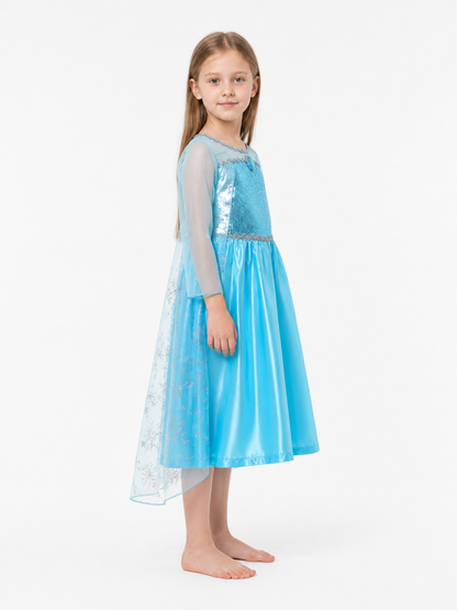Elsa Dress for Girls with Sequins and Snowflakes side view