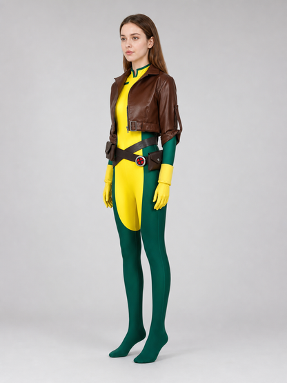 X-Men character cosplay set in a rich color combination of brown, red, green, yellow, and black. The set includes a sleeveless yellow-and-green jumpsuit with symmetrical black decorative graphic elements on the chest, along with a cropped b