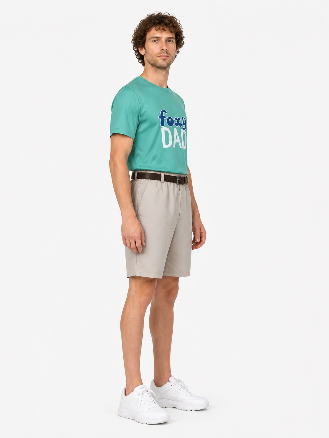 Costume with a T-shirt, Shorts, and Printed Belt side view