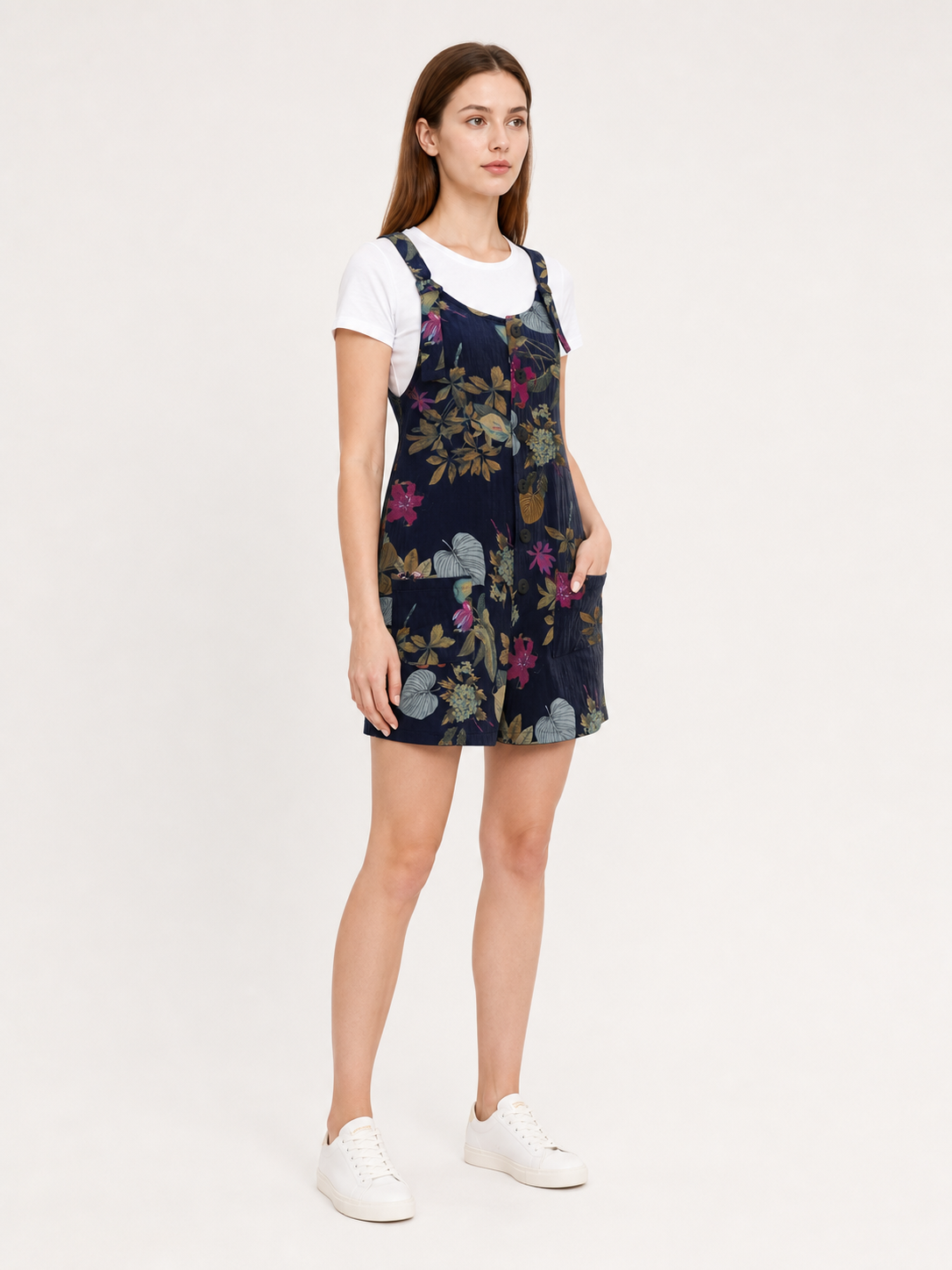 Dark Blue Overall Shorts with Yellow Floral Print side view
