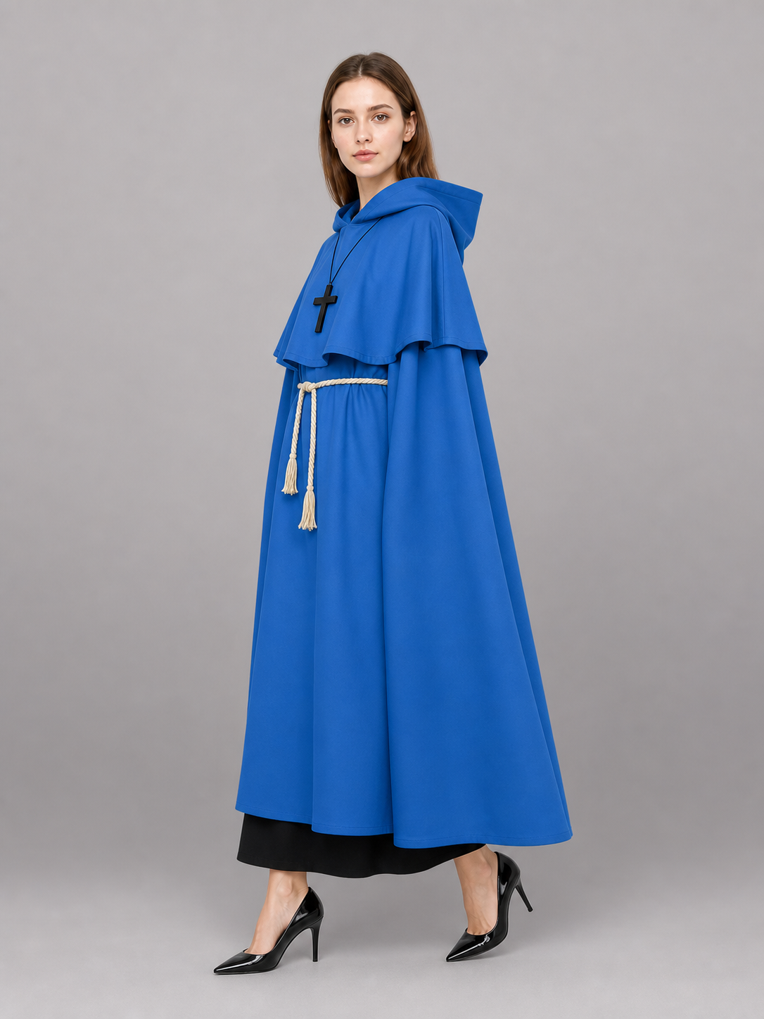 Blue carnival cloak with hood, medieval look
