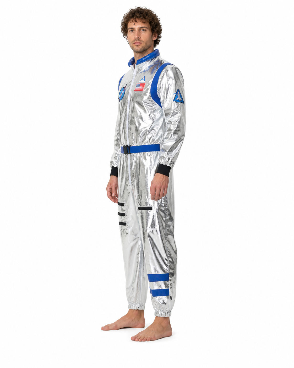 Silver Astronaut Costume with Blue Stripes side view