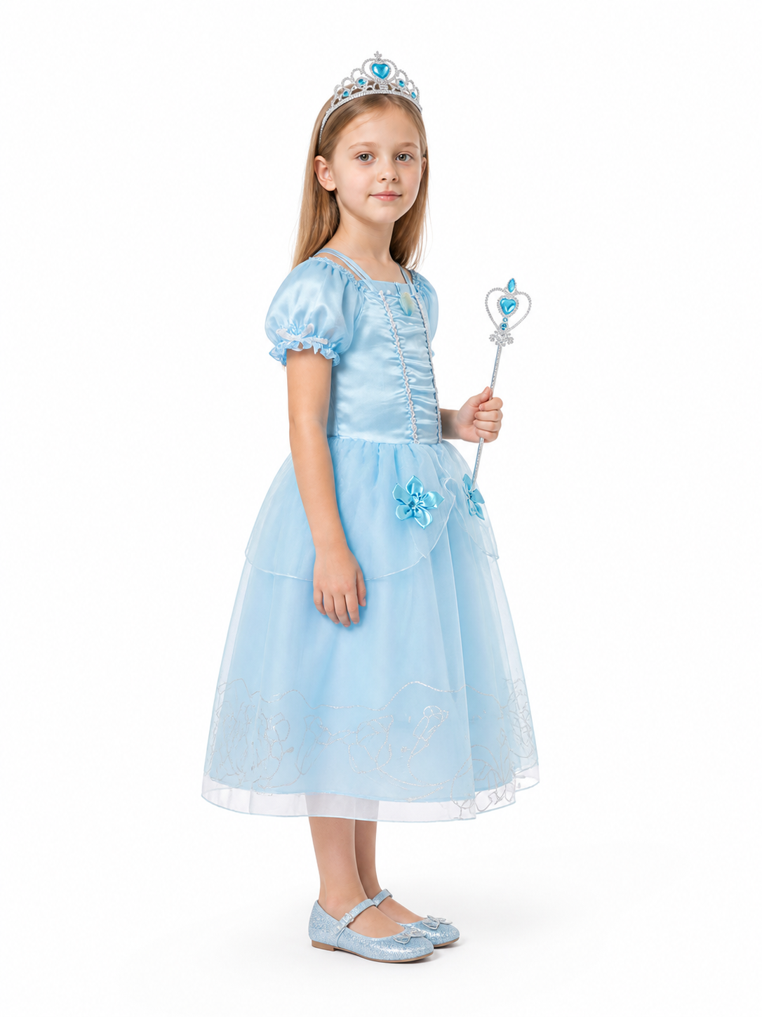 Blue Carnival Costume with Crown and Magic Wand side view