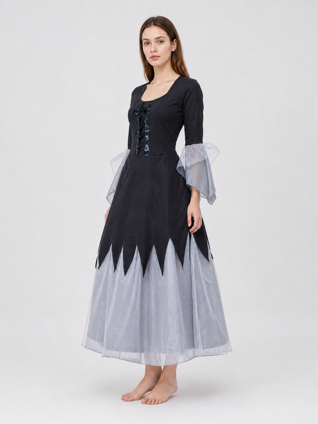 Gothic Black and Gray Lace-Up Cosplay Dress
