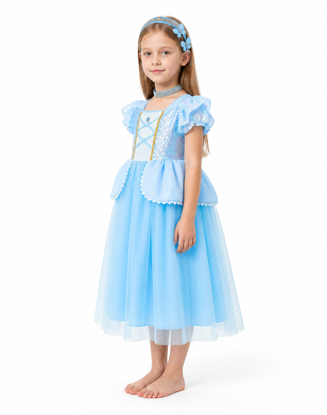 Blue Cinderella Dress, Full Skirt, with Carnival Accessories side view
