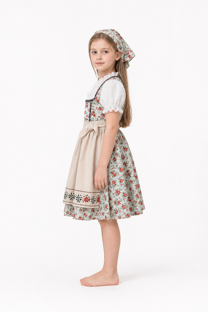 Dirndl Dress with Apron and Kerchief Featuring a Red Rose Print
