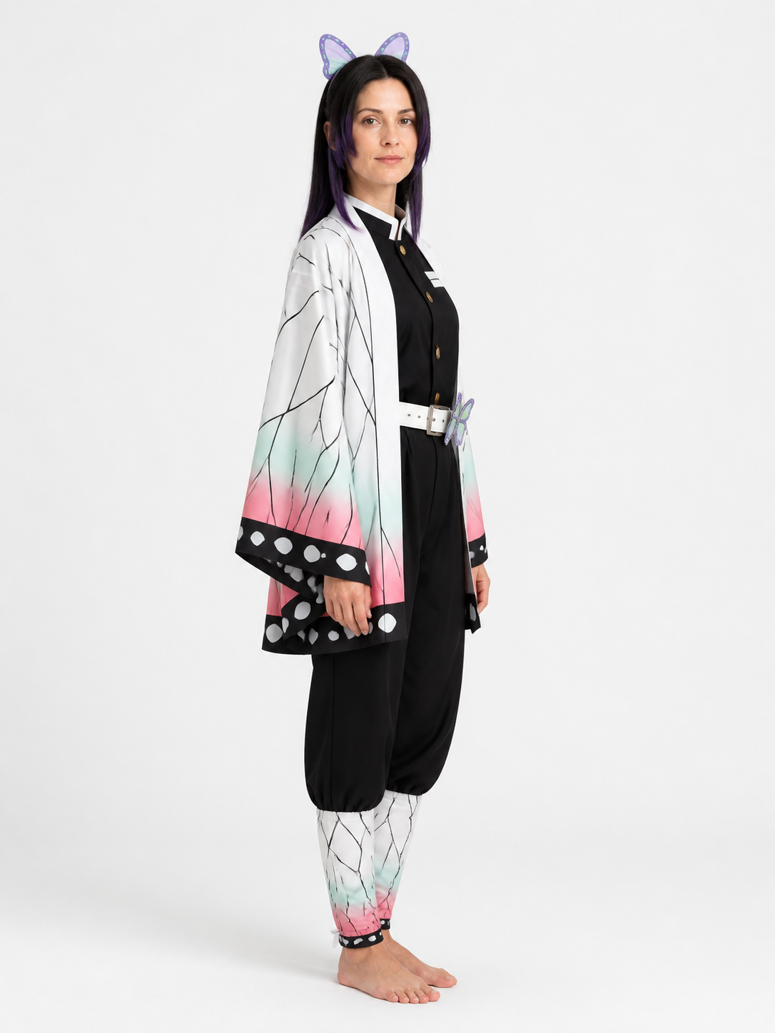 Shinobu Kochou Cosplay Costume with Cape and Wig side view
