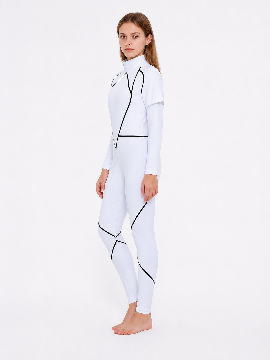 Kids' Cosplay Jumpsuit, White with a High Collar side view