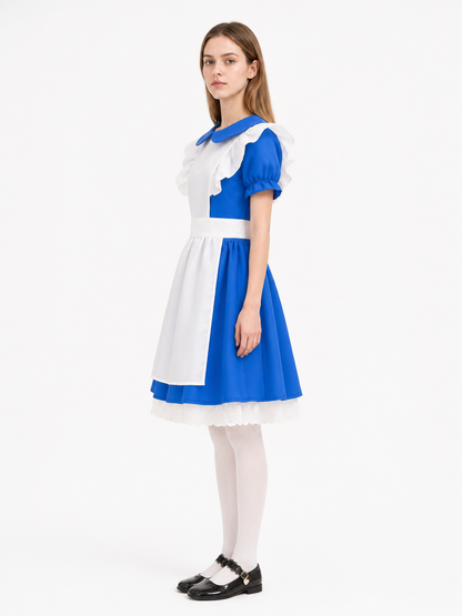 Blue and White Children's Maid Costume with Apron side view
