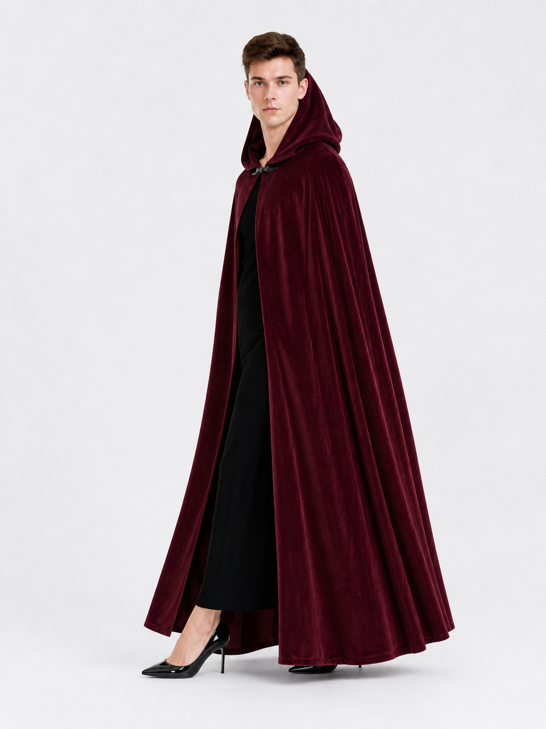 Burgundy Long Carnival Cloak with Hood