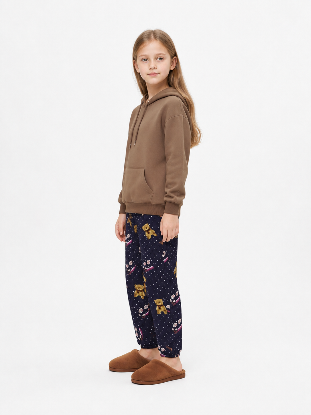 Hooded Pajama Set, Navy Polka-Dot Pants with a Bear side view