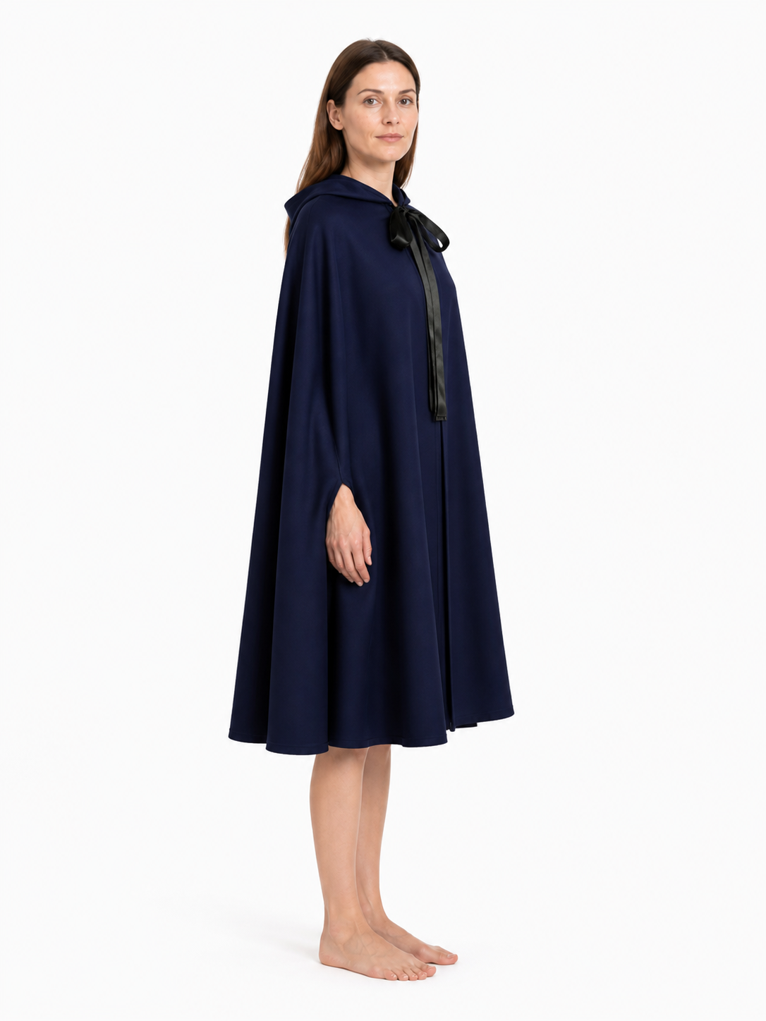 Long Hooded Cloak, Dark Navy with Black Tie side view