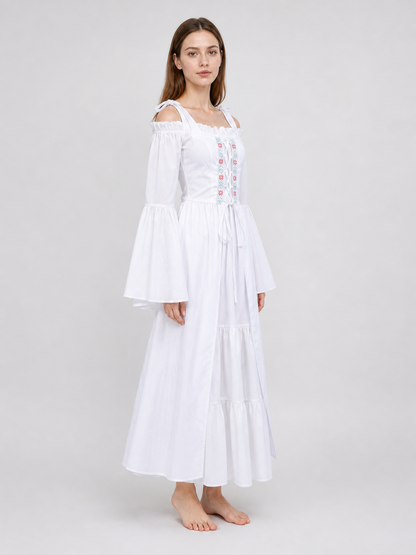 Maxi Dress with Embroidery and Lacing in a Retro Style