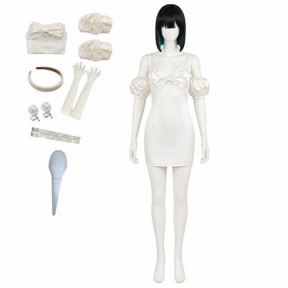 White Cosplay Costume with Bow and Wig side view