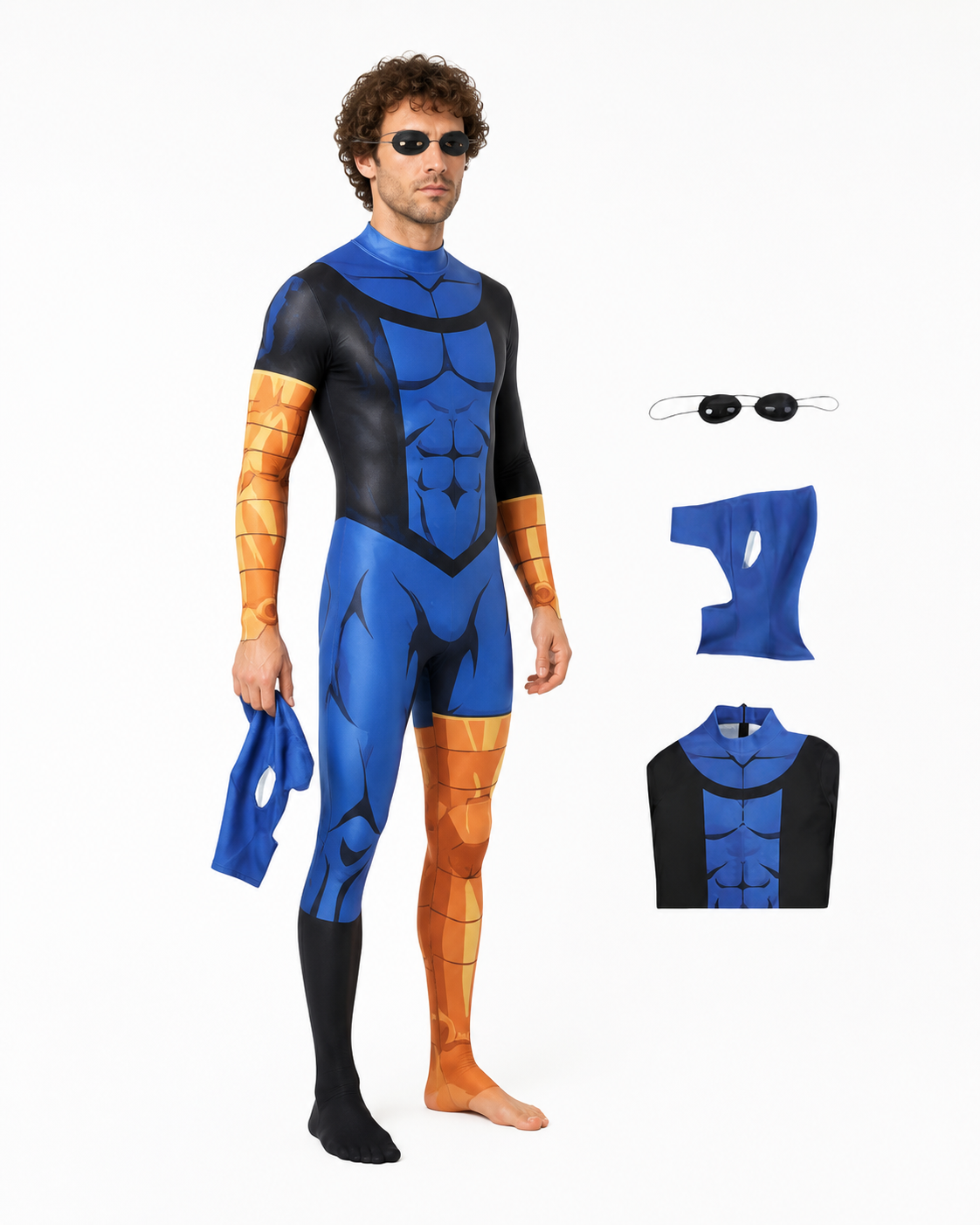 Blue and Black Superhero Jumpsuit with Muscle Print side view