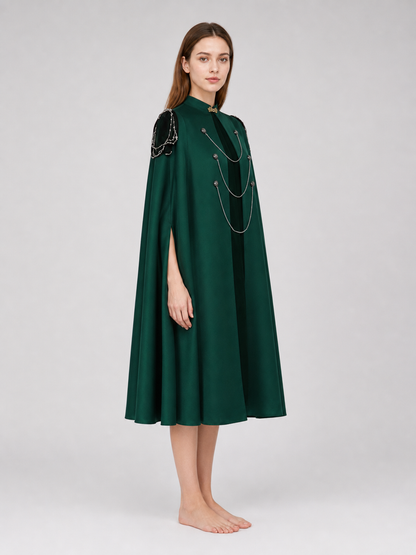 Medieval Gothic Cape Cloak, 1-Piece Sleeveless Stand Collar Front-Open Draped Costume With Metal Chain Details For Cosplay Role Play