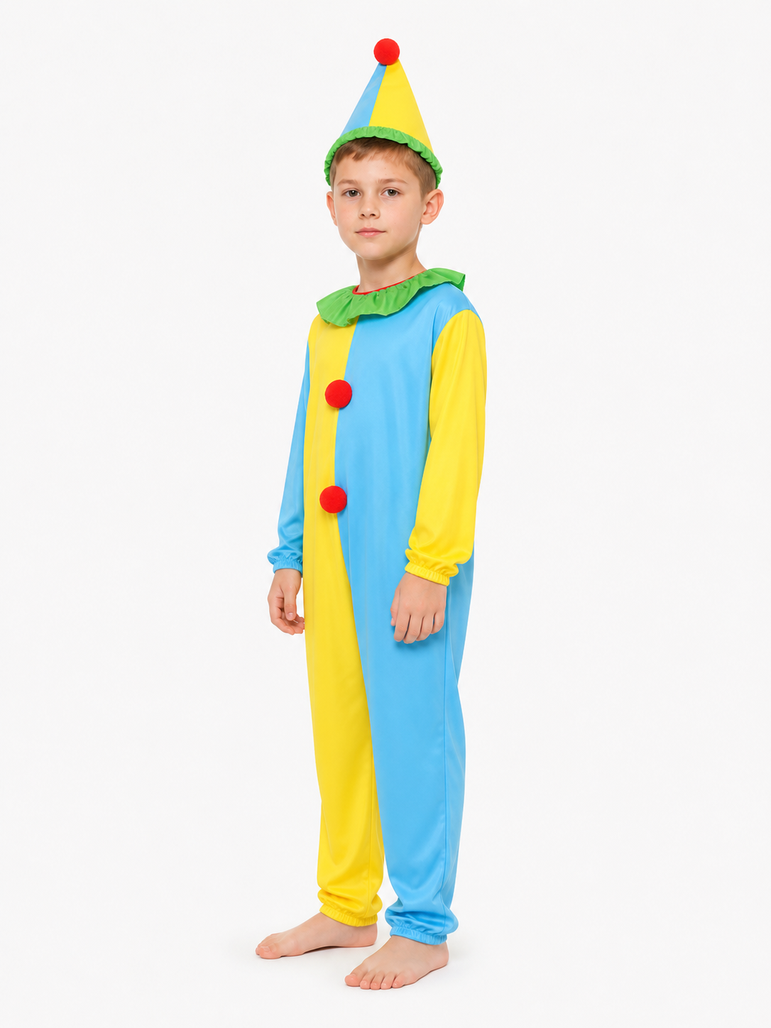 Clown Jumpsuit with Pointed Hat, Red Pom-Poms, and Ruffle side view