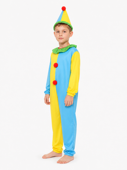 Clown Jumpsuit with Pointed Hat, Red Pom-Poms, and Ruffle side view