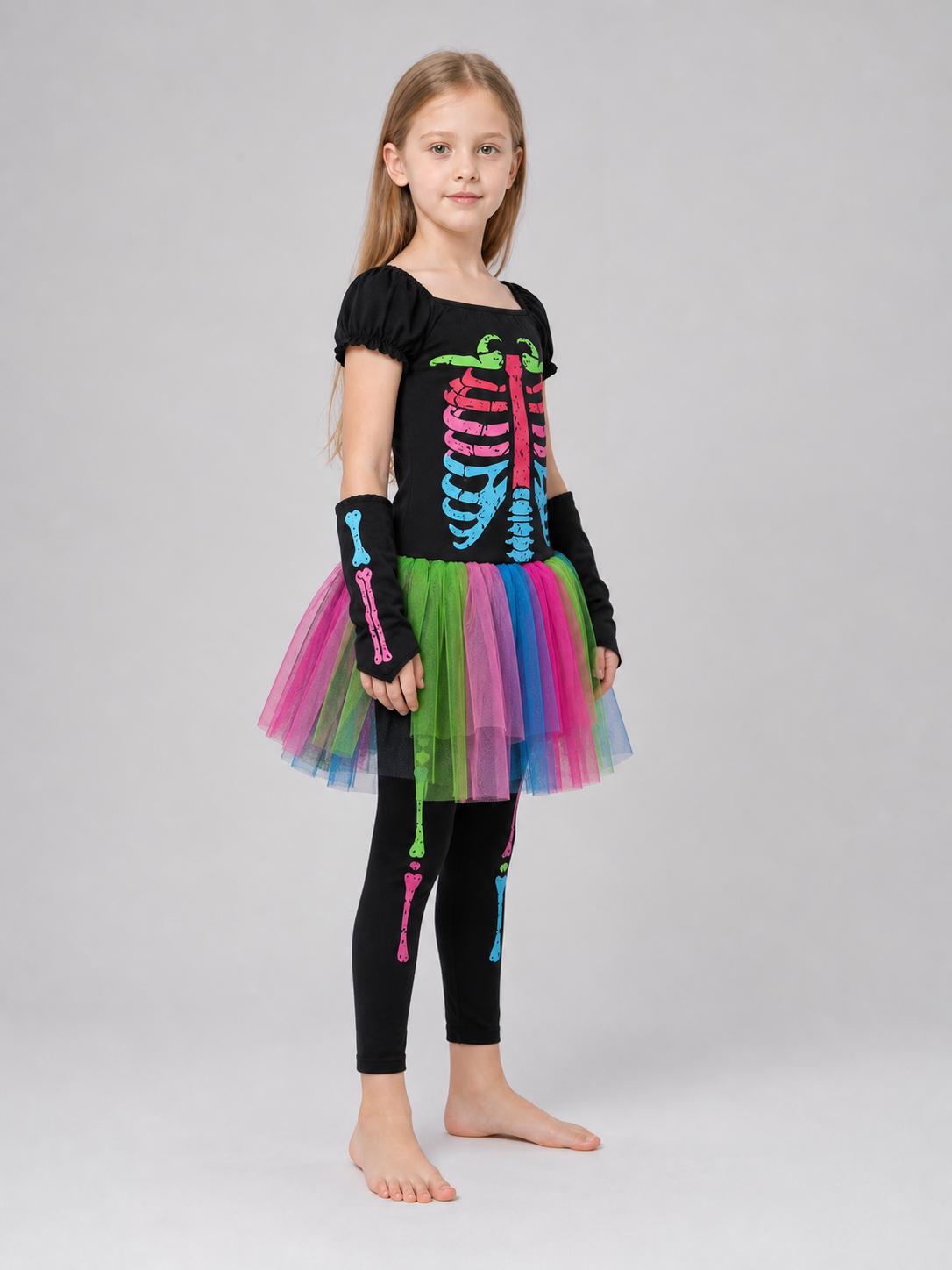 Skeleton costume with a multicolored skirt