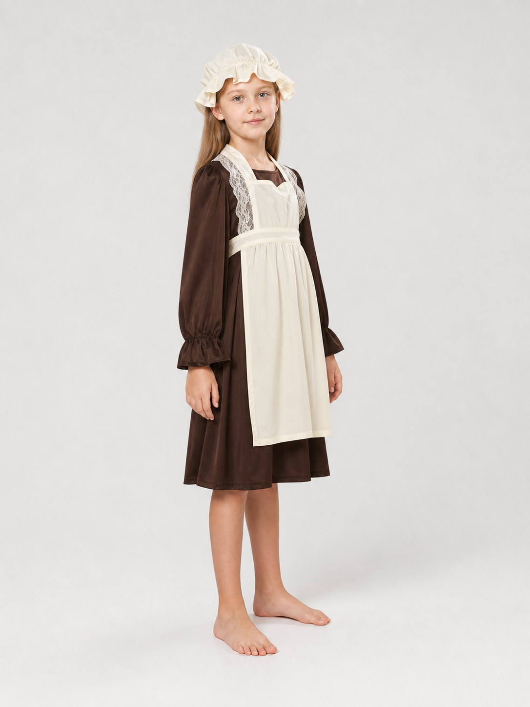 Victorian costume with dress, apron, and bonnet