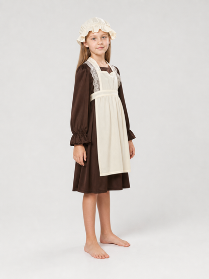 Victorian costume with dress, apron, and bonnet