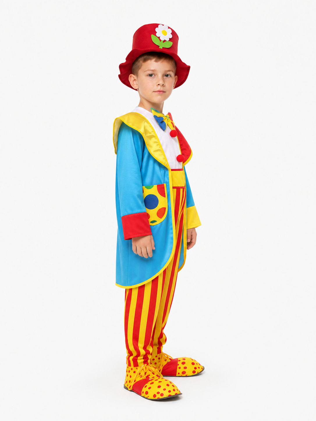 Clown Costume with Striped Jumpsuit and Hat side view
