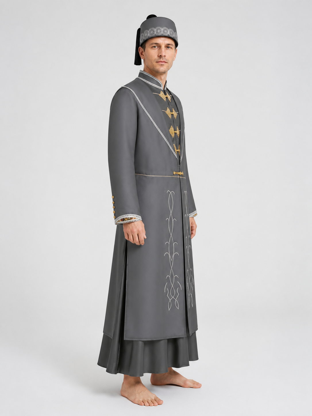 Side view of the long gray wizard robe over a dark underdress, with matching round hat