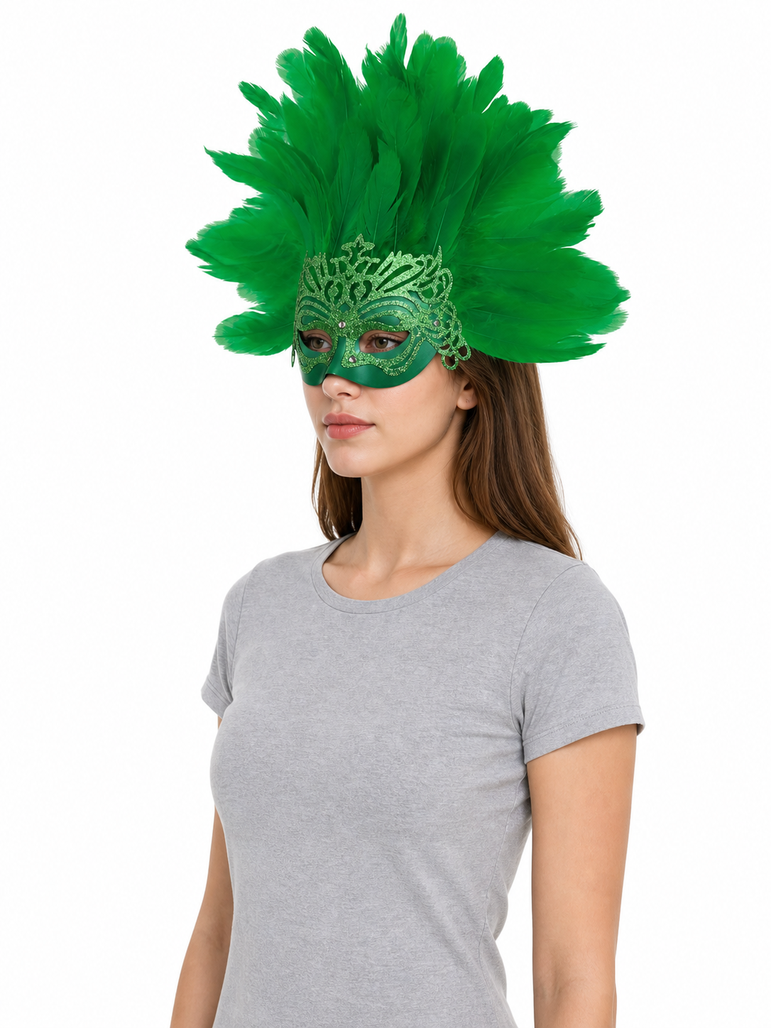 1pc Green Feather Mask, Large Feather Fan Shape, Cutout Eye Design, Elegant side view